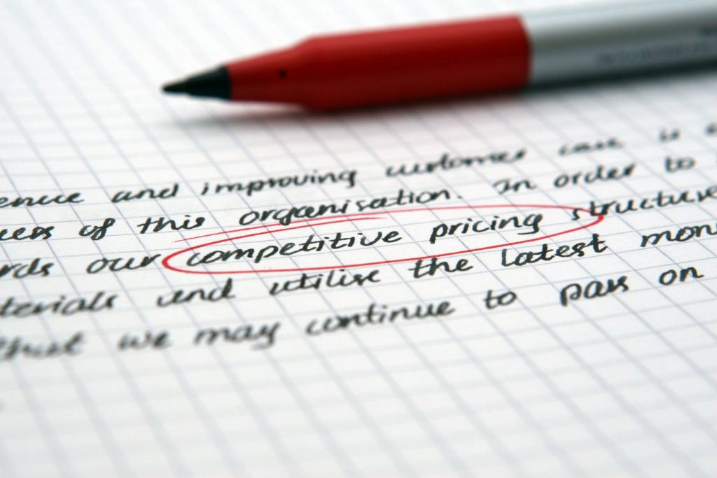 Competitive pricing handwritten and circled in red